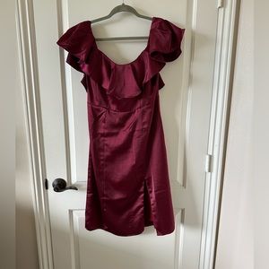 Off the shoulder burgundy satin dress